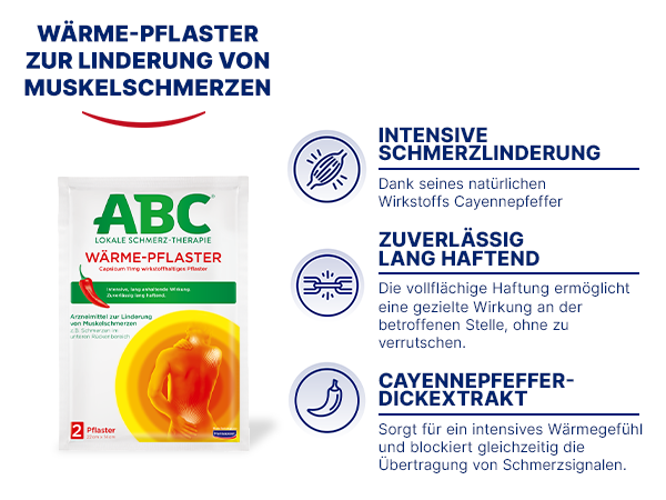 Produktabbildung und Text: Wärmepflaster zur Linderung von Muskelschmerzen. Vorteile: Intensive Schmerzlinderung, zuverlässig haftend.