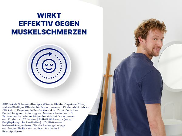 Mann mit Wärmepflaster auf dem Rücken. Text: Wirkt effektiv gegen Muskelschmerzen. Illustration einer sich entspannenden Person.