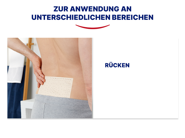 Anwendungsbereiche: Rücken. Mann mit Wärmepflaster am unteren Rücken. Text: Zur Anwendung an unterschiedlichen Bereichen.