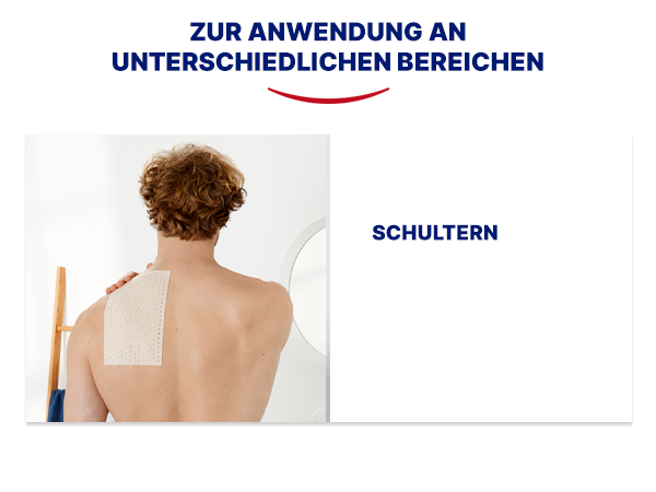 Anwendungsbereiche: Schultern. Mann mit Wärmepflaster auf der Schulter. Text: Zur Anwendung an unterschiedlichen Bereichen.