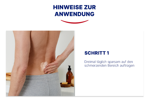 Anwendungshinweise: 3 Schritte zur Anwendung der Creme. Mann trägt Creme auf, reibt ein, wäscht Hände.