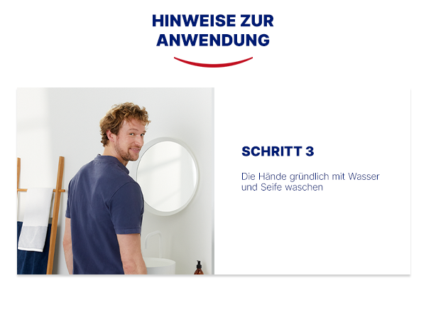 Anwendungshinweise: 3 Schritte zur Anwendung der Creme. Mann trägt Creme auf, reibt ein, wäscht Hände.
