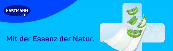 Aloe Vera Blätter und Wundkissen. Text: Mit der Essenz der Natur. Auf blauem Hintergrund.