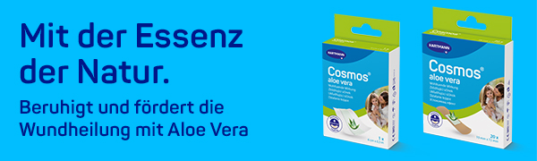 Zwei Packungen Cosmos® aloe vera Pflaster. Text: Mit der Essenz der Natur. Beruhigt und fördert die Wundheilung.