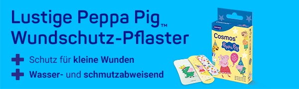 Blauer Hintergrund mit Text und Produktabbildung. Cosmos Peppa Pig Pflaster. Schutz für kleine Wunden, wasserabweisend.