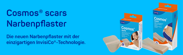 Banner mit Cosmos Narbenpflaster. Text: UV-Schutz. Zwei Frauen am Strand.