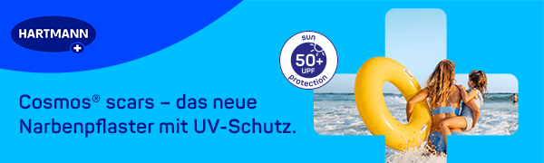 Banner mit Cosmos Narbenpflaster. Text: UV-Schutz. Zwei Frauen am Strand.