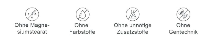 Ohne Magnesiumstearat, Farbstoffe, unnötige Zusatzstoffe, Gentechnik.