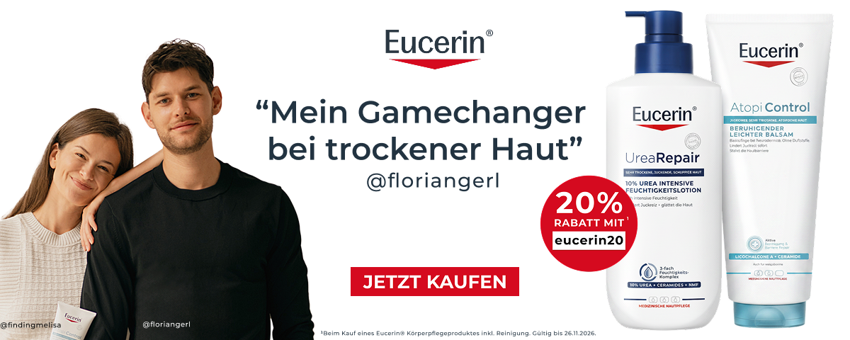 Mann hält Baby. Eucerin AtopiControl Creme. Text: Juckreiz, Neurodermitis? Klinisch nachgewiesen.