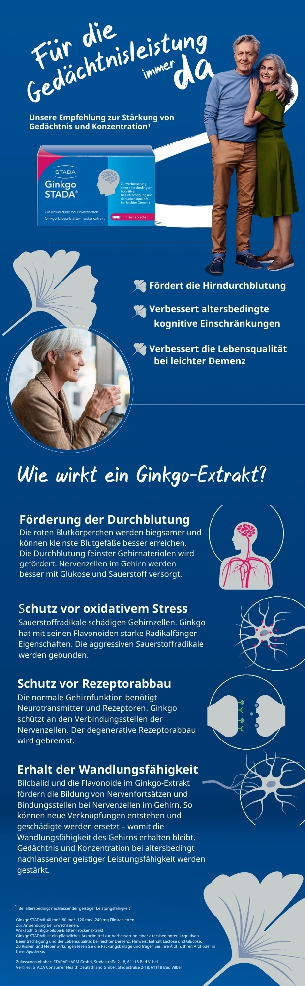 Ginkgo STADA® Packung und älteres Paar. Text: Für die Gedächtnisleistung immer da.