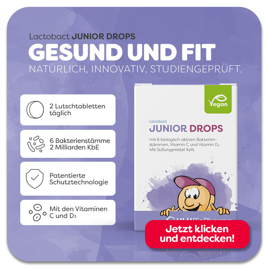Infografik mit Text. Lactobact Junior Drops. 2 Lutschtabletten, 6 Bakterienstämme, Vitamine C und D3.