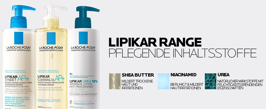 La Roche Posay Lipikar Range: Pflegende Inhaltsstoffe wie Shea Butter, Niacinamid und Urea.