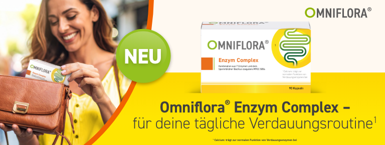 Frau hält OMNIFLORA® Enzym Complex. Text: OMNIFLORA® Enzym Complex – für deine tägliche Verdauungsroutine.