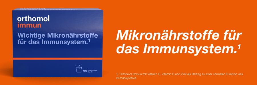 Blaue Packung orthomol immun. Text: Mikronährstoffe für das Immunsystem.