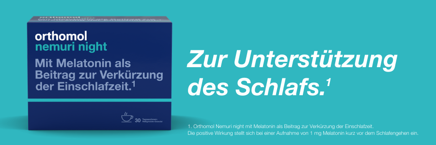 Blaue Packung orthomol nemuri night. Text: Zur Unterstützung des Schlafs.