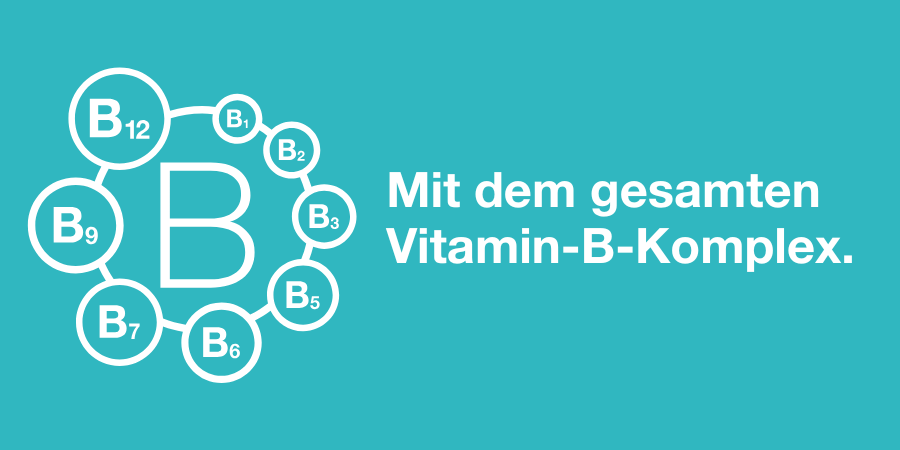 Grafik mit Vitamin-B-Komplex. Text: Mit dem gesamten Vitamin-B-Komplex.
