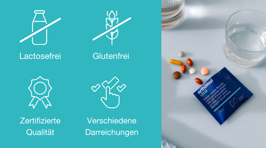 Tabletten, Kapseln und Beutel orthomol vital. Text: Laktosefrei, glutenfrei, zertifizierte Qualität, verschiedene Darreichungen.