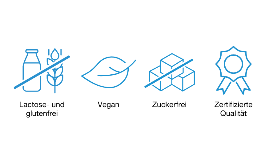 Symbole: Laktosefrei, glutenfrei, vegan, zuckerfrei, zertifizierte Qualität.