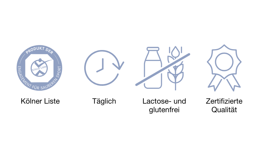 Symbole: Kölner Liste, Täglich, Laktose- und glutenfrei, Zertifizierte Qualität.