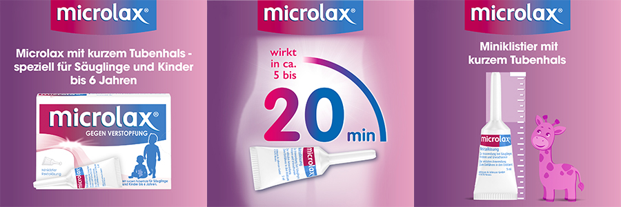 Werbung mit Microlax® und Produktabbildungen. Texte in Deutsch.