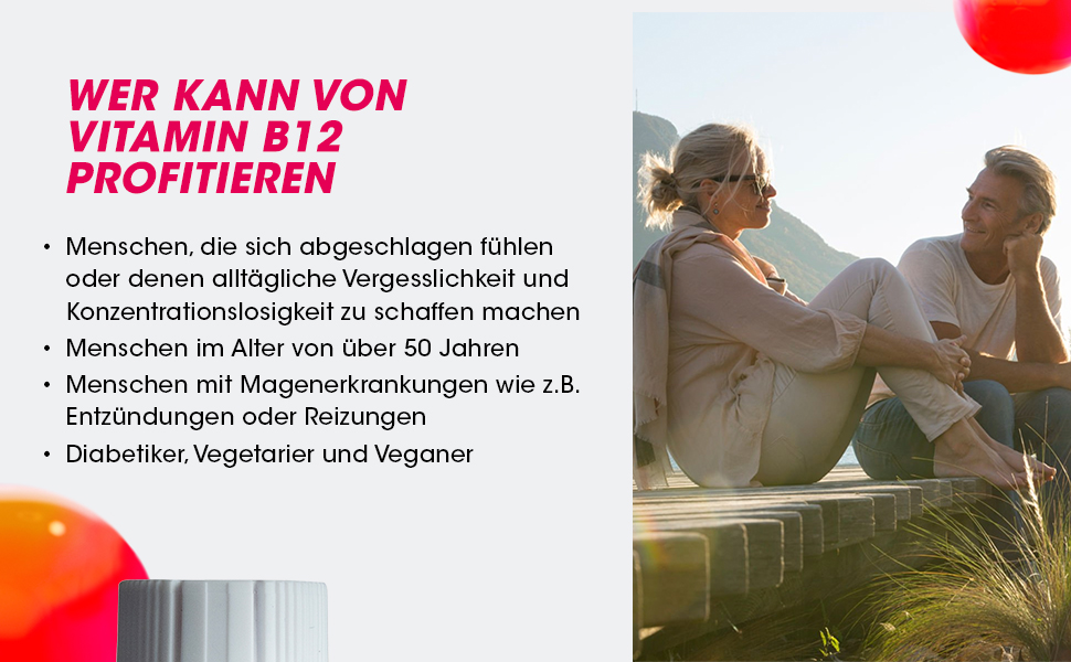 Älteres Paar. Text: Wer kann von Vitamin B12 profitieren? Menschen über 50, Diabetiker, Veganer.