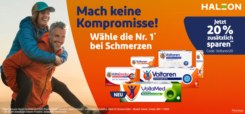 Werbung mit verschiedenen Voltaren-Produkten. 20% Rabatt.