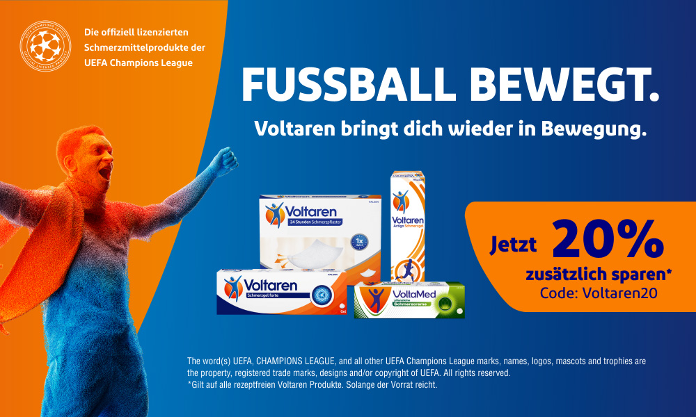 Anzeige mit Voltaren-Produkten. Enthält Voltaren Schmerzgel forte, Pflaster und VoltaMed. Text: Fussball bewegt.