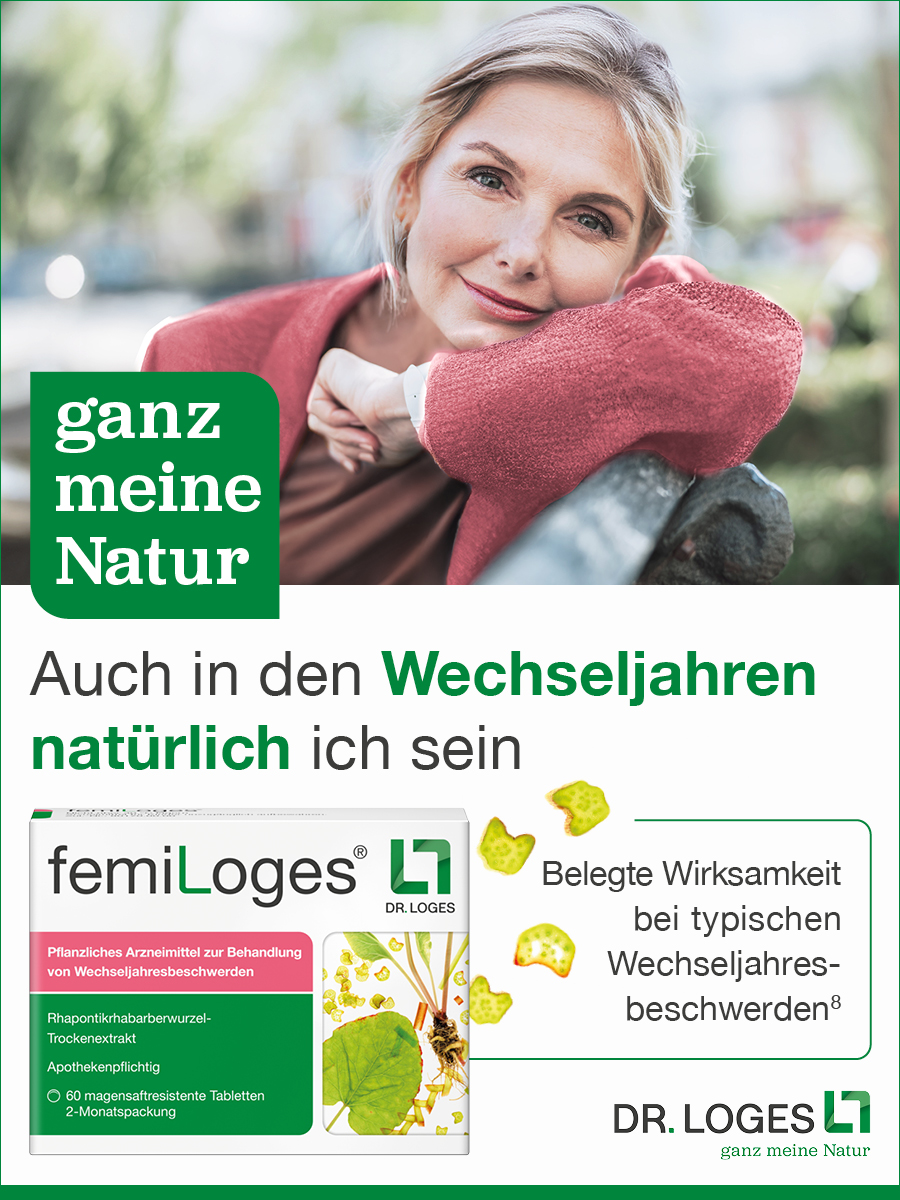Porträt einer Frau. Text: Auch in den Wechseljahren natürlich ich sein. femiLoges Verpackung.