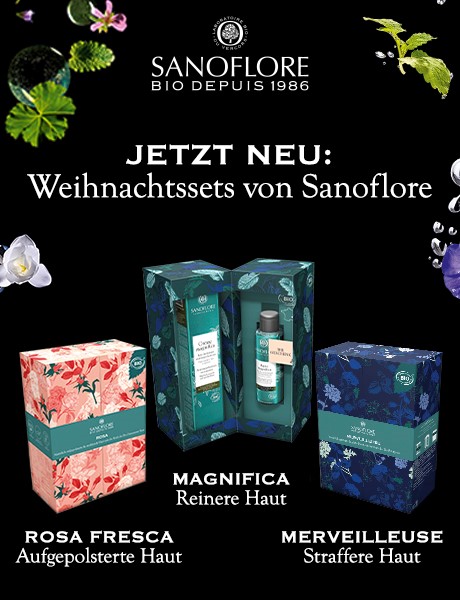 Werbebild mit drei Geschenksets. Sanoflore-Logo und Produktnamen. Bio-Zertifizierung. Schwarzer Hintergrund.