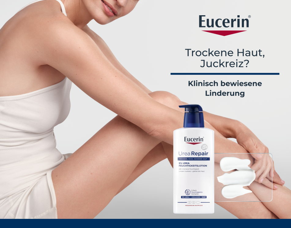 Eucerin UreaRepair PLUS Lotion auf dem Bein einer Frau. Text: Trockene Haut, juckreiz? Klinisch bewiesene Linderung.