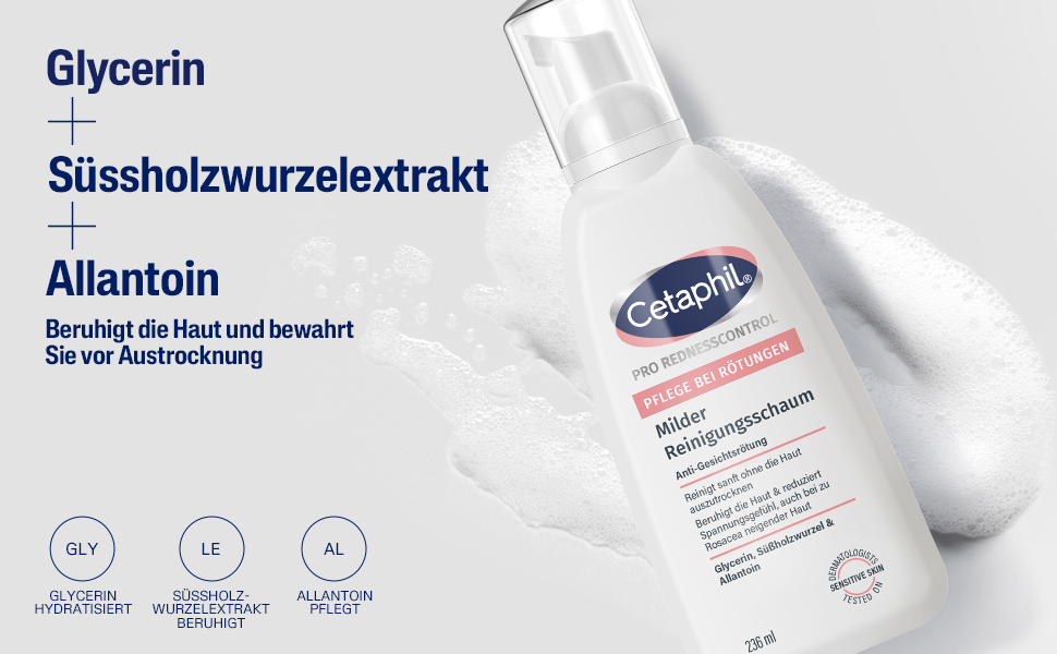 Cetaphil PRO Reinigungsschaum mit Glycerin, Süßholzwurzelextrakt, Allantoin.