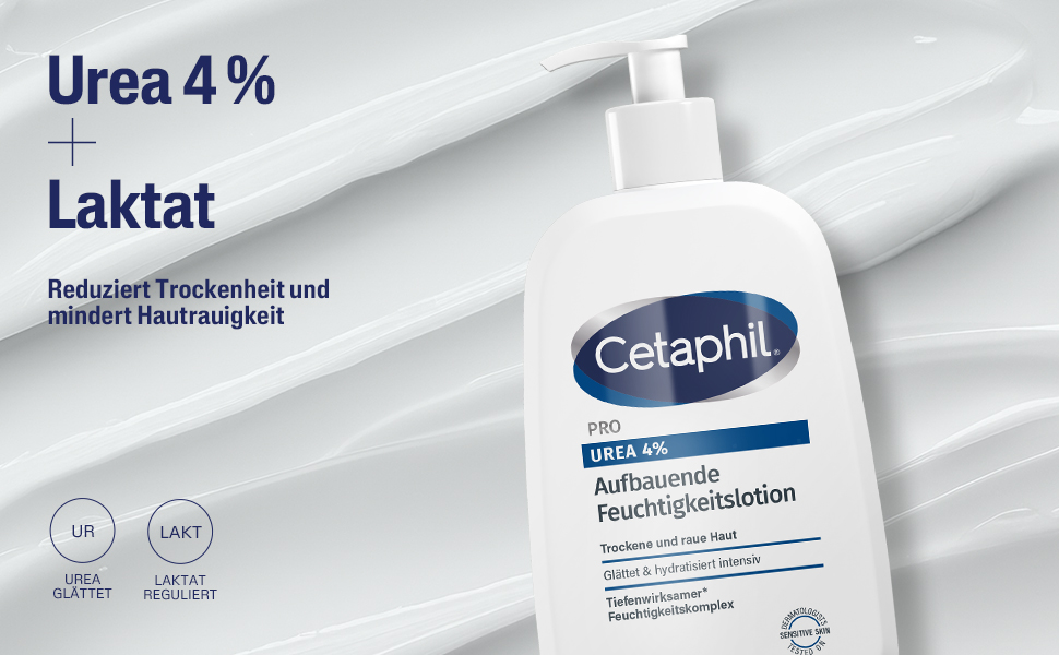 Cetaphil PRO Urea 4% Lotion mit Urea und Laktat. Reduziert Trockenheit und mindert Hautrauigkeit.