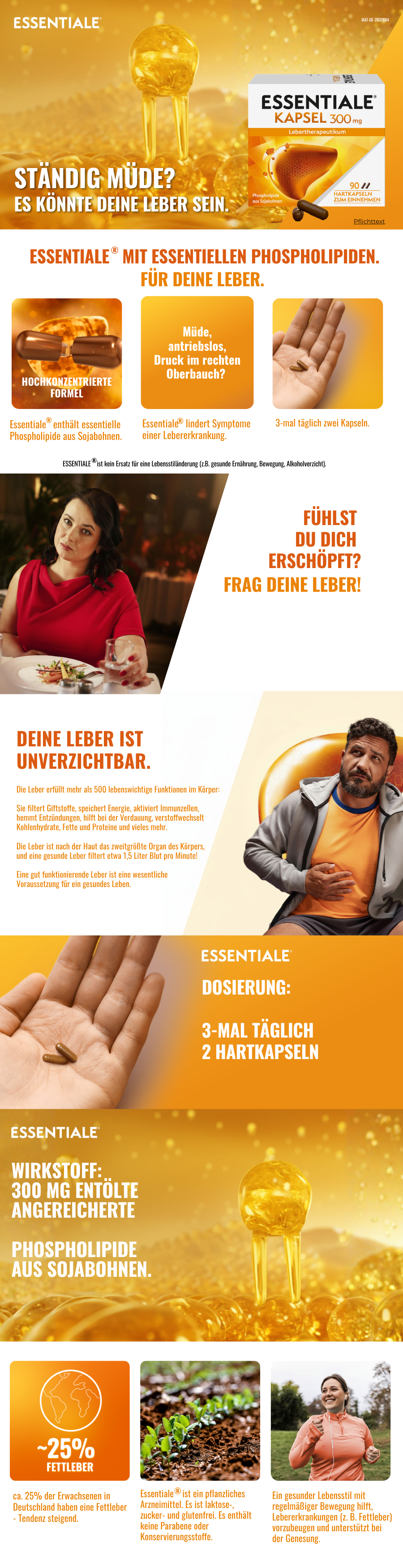 Infografik mit Essentiale Logo, Leber-Symbol, Text '3-fach Wirkung für die Leber' und 'Regeneriert & stärkt geschädigte Leberzellen'.