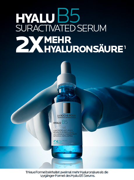Blaues Serumfläschchen mit weißem Deckel und Pipette. Aufschrift: Hyalu B5 Serum.