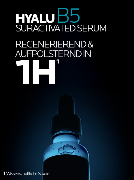 Serumflasche mit Text: Hyalu B5 Suractivated Serum. Regenerierend & aufpolsternd in 1H.