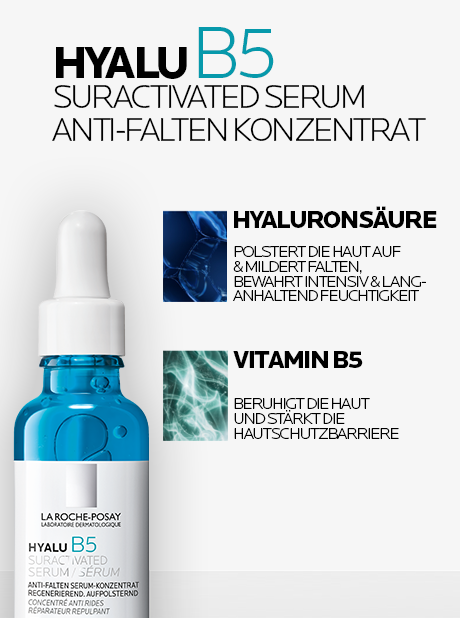 Serumflasche mit Text: Hyalu B5 Suractivated Serum. Anti-Falten Konzentrat. Hyaluronsäure, Vitamin B5.