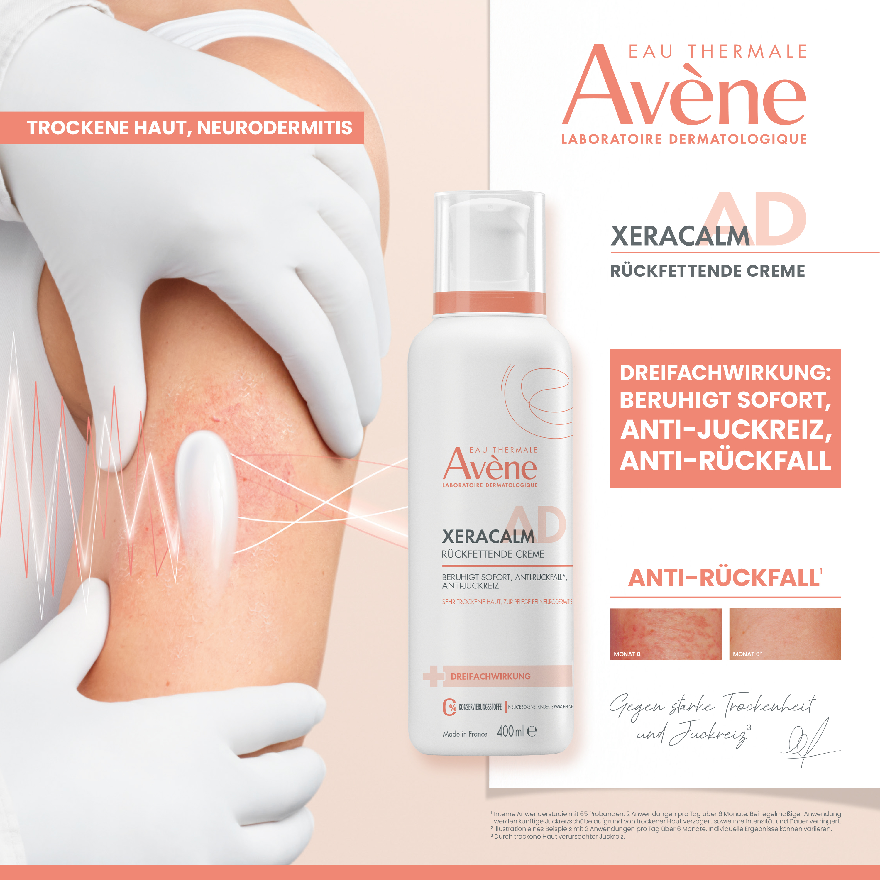 Avène XeraCalm A.D Creme, weiße Flasche. Text: Trockene Haut, Neurodermitis. Dreifachwirkung.