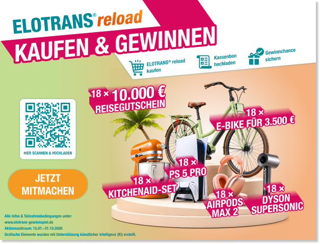 Elotrans® reload Packung mit Informationen zu Vitaminen, Cholin, Orangen-Geschmack und Herstellung.