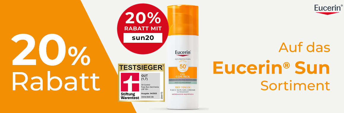 Banner mit Rabatt. Eucerin-Produkt und Test-Siegel. Text: 20% Rabatt auf das Eucerin Sun Sortiment.