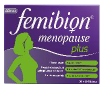 Packung Femibion Menopause Plus, 30 + 30 Tabletten. Eine Frau im Profil ist abgebildet.