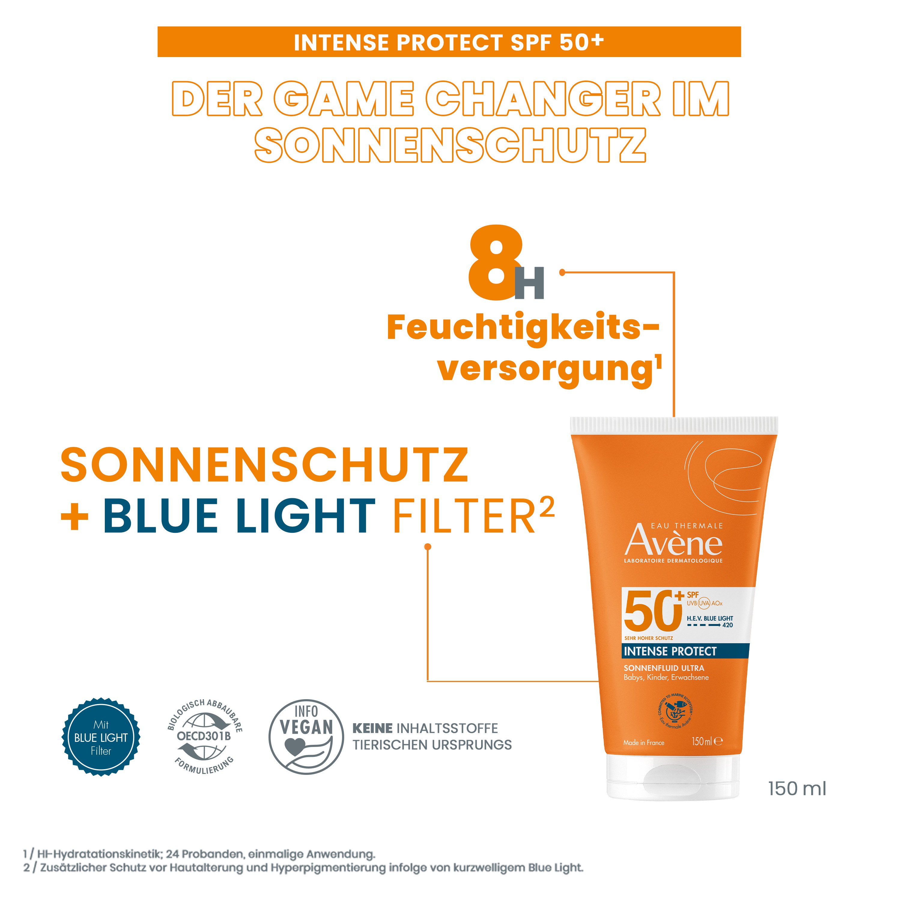 Avène Intense Protect SPF 50+. Der Game Changer im Sonnenschutz. 150ml. 8H Feuchtigkeitsversorgung.
