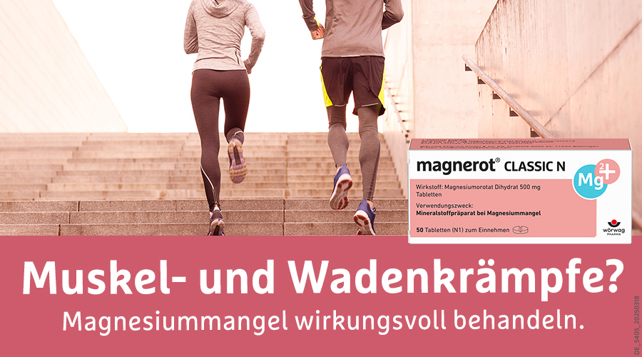 Zwei Personen laufen Treppen hoch. Packung magnerot® CLASSIC N. Text: Muskel- und Wadenkrämpfe? Magnesiummangel behandeln.