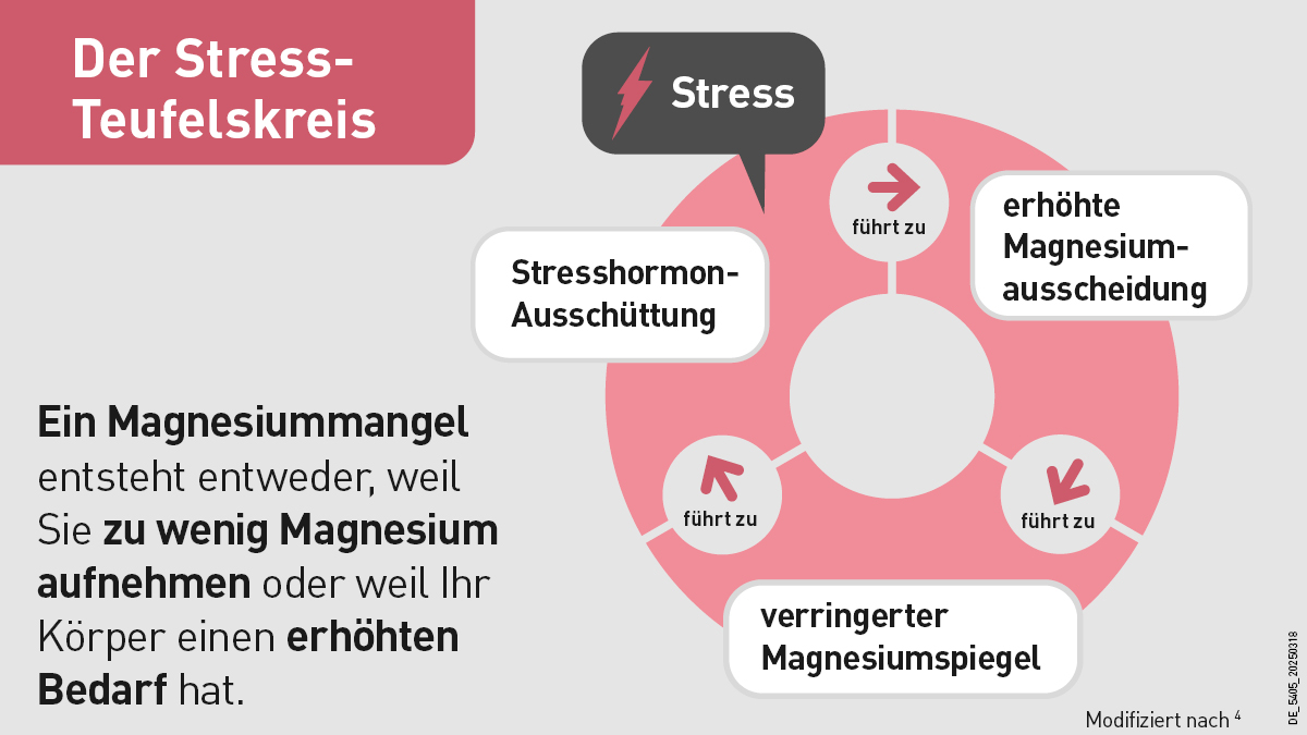 Kreislaufdiagramm. Text: Der Stress-Teufelskreis. Ursachen und Folgen eines Magnesiummangels.
