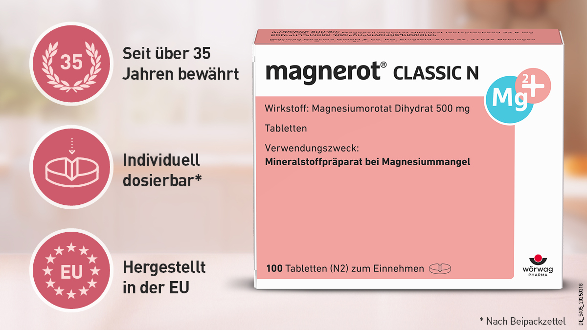 Packung magnerot® CLASSIC N. Text: Seit über 35 Jahren bewährt. Individuell dosierbar. EU-Siegel.