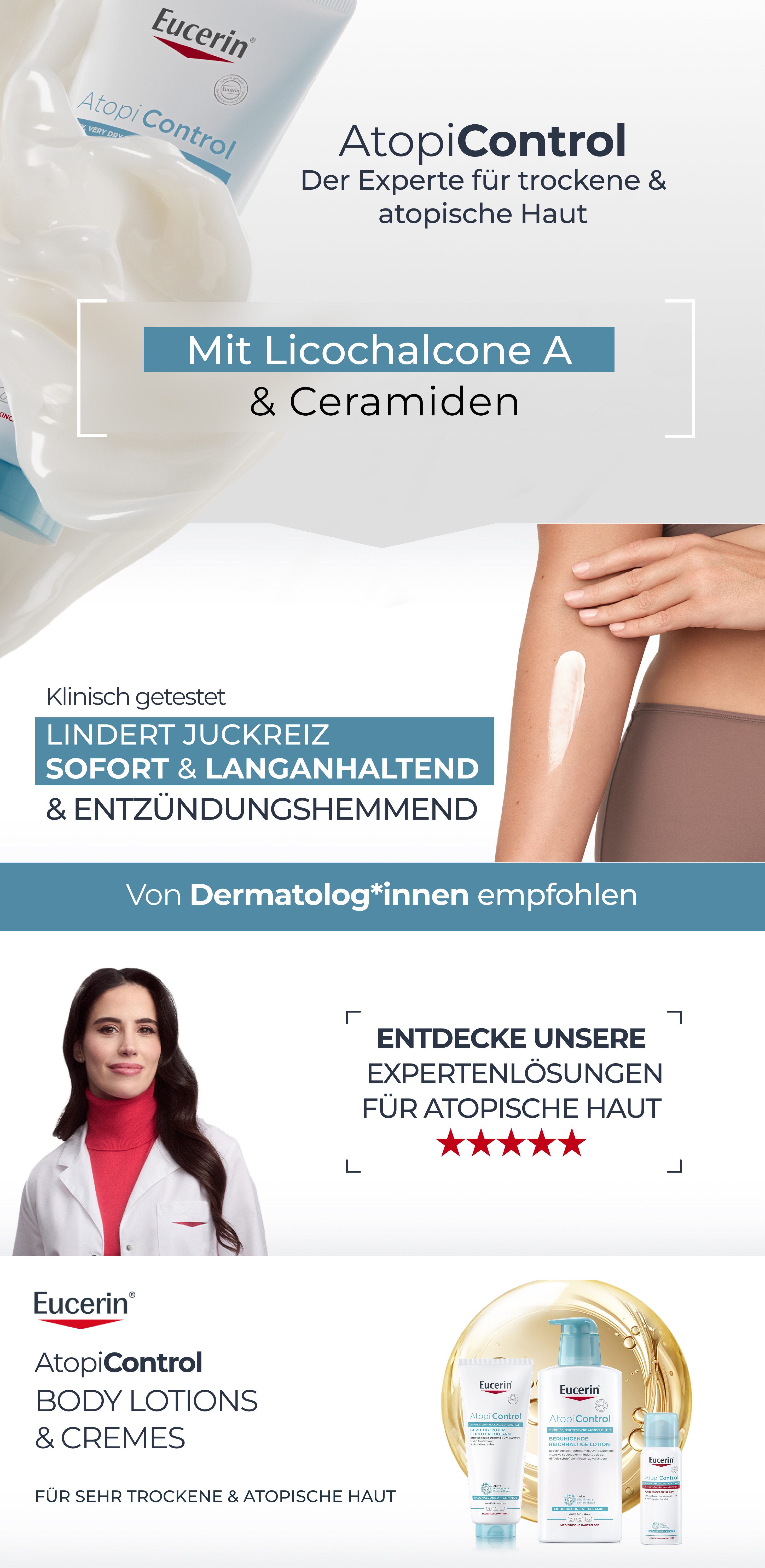 Eucerin AtopiControl: Experte für trockene & atopische Haut. Mit Licochalcone A & Ceramiden.