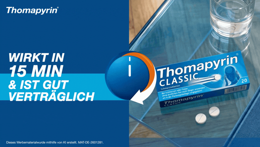 Thomapyrin Classic Packung, Glas Wasser, Tabletten. Text: Wirkt in 15 Min. & ist gut verträglich.