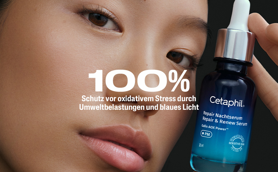 Nahaufnahme einer Frau. Text: 100% Schutz vor oxidativem Stress durch Umweltbelastungen und blaues Licht.